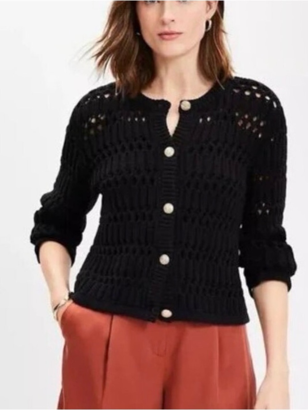 LOFT Black Open-Knit Button-Front Cardigan